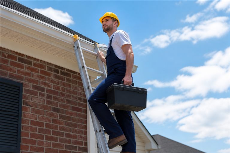 Gutter professional on a ladder with toolbox in Chattanooga