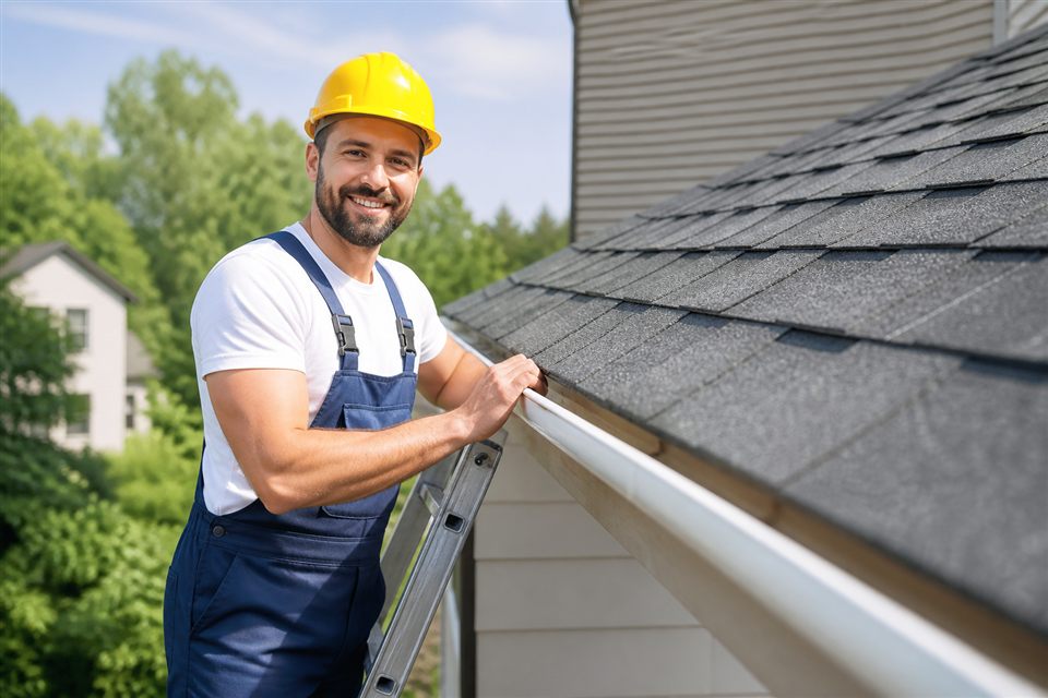 Smiling gutter technician in a yellow hard hat working on a Chattanooga home roofline